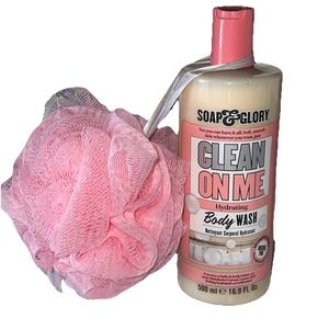 Soap & Glory Clean On Me Body‎ Wash 500ml Shea Butter &Vitamin E Shower Gel Poof